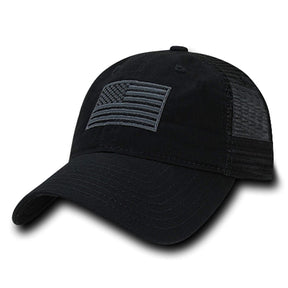 Soft Fit American Flag Embroidered Cotton Trucker Mesh Back Cap - Dark Grey