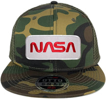 NASA Worm Red Text Embroidered Patch Snapback Camo Trucker Mesh Cap