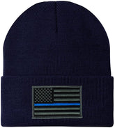 Made in USA - Thin Blue Line American Flag Embroidered Patch Long Cuff Beanie