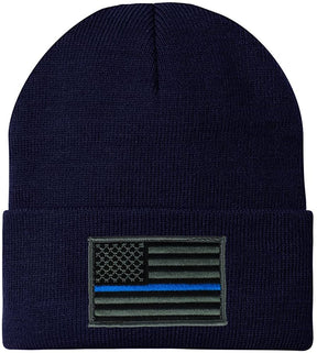 Made in USA - Thin Blue Line American Flag Embroidered Patch Long Cuff Beanie