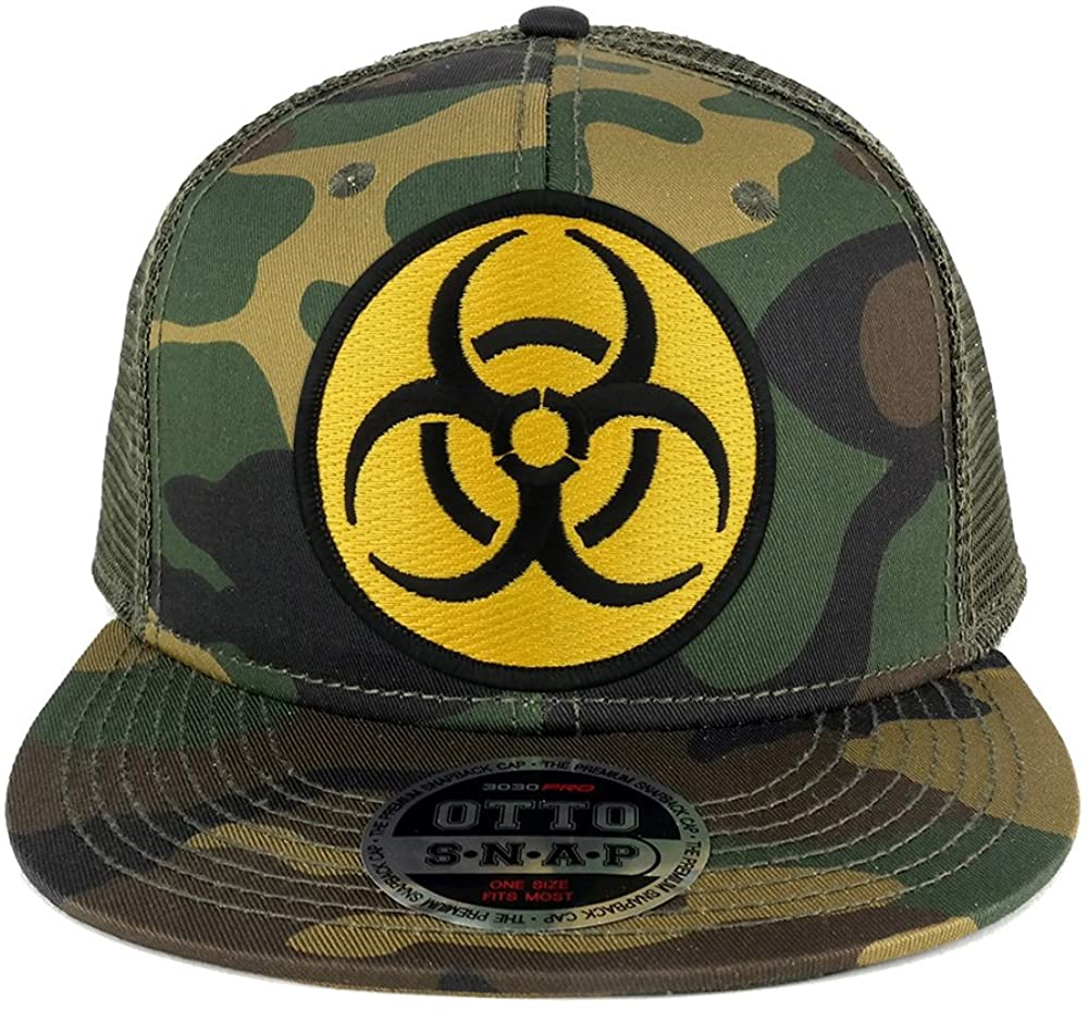 Armycrew Biohazard Circular Yellow Black Embroidered Patch Camo Flat Bill Snapback Mesh Cap