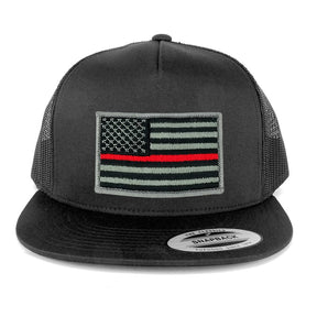 Flexfit 5 Panel American Flag Patched Snapback Mesh Charcoal Cap - Black Red Patch