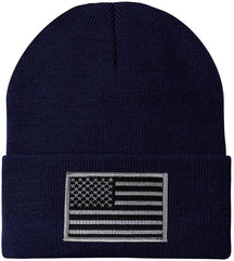 Made in USA - Black Grey American Flag Embroidered Patch Long Cuff Beanie