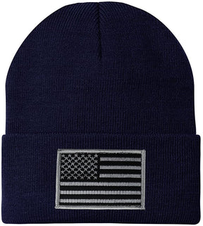 Made in USA - Black Grey American Flag Embroidered Patch Long Cuff Beanie