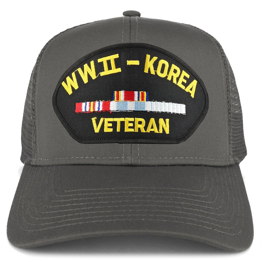 Armycrew WW2 to Korea Veteran Embroidered Patch Snapback Mesh Trucker Cap - Black