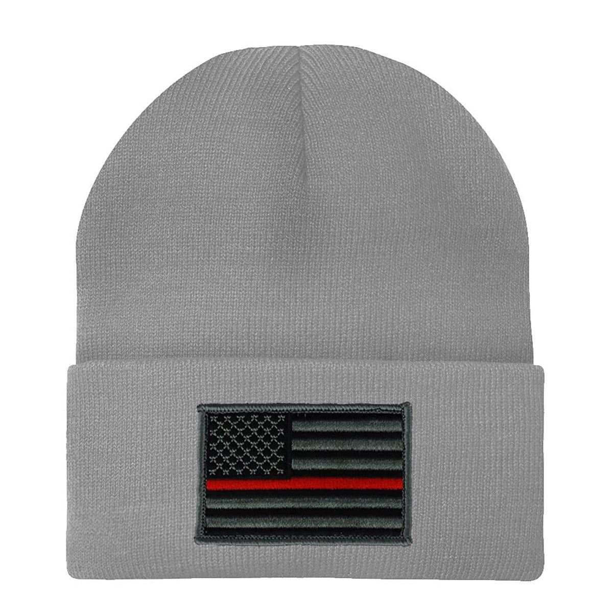 Made in USA - Thin RED Line American Flag Embroidered Patch Long Cuff Beanie