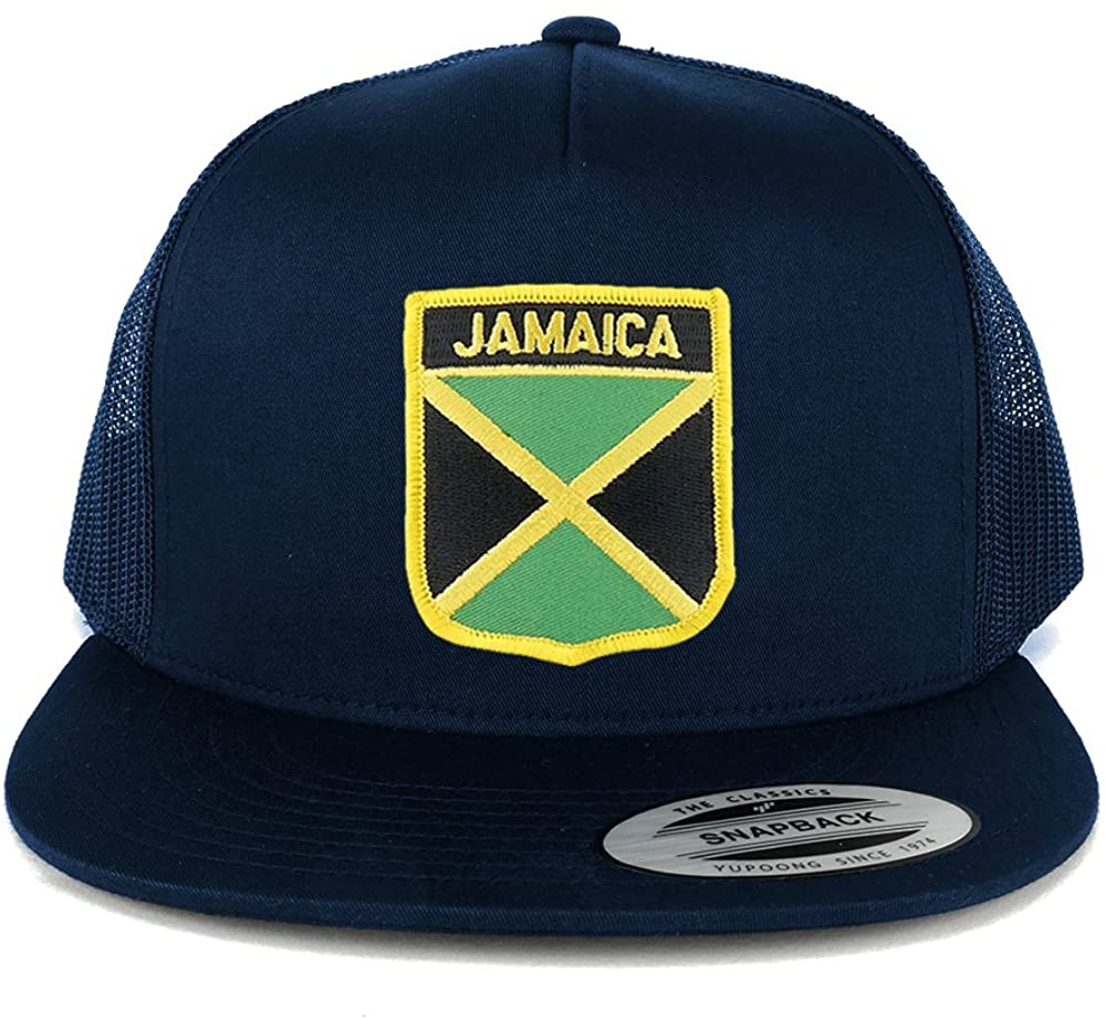 Flexfit 5 Panel Jamaica Flag Shield and Text Embroidered Patch Snapback Mesh Cap