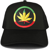 RGY Marijuana Leaf Rasta Circle Iron on Embroidered Patch Adjustable Trucker Cap - Black