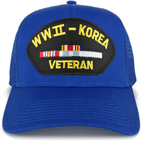 Armycrew WW2 to Korea Veteran Embroidered Patch Snapback Mesh Trucker Cap - Black