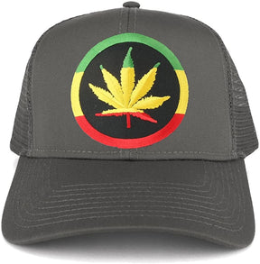 RGY Marijuana Leaf Rasta Circle Iron on Embroidered Patch Adjustable Trucker Cap - Black