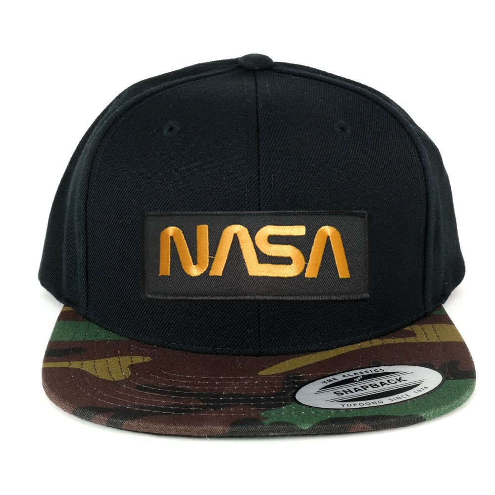 Flexfit NASA Worm Gold Text EmbroideGold Iron on Patch Snapback Cap with Camo Visor