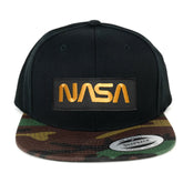 Flexfit NASA Worm Gold Text EmbroideGold Iron on Patch Snapback Cap with Camo Visor