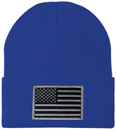 Made in USA - Black Grey American Flag Embroidered Patch Long Cuff Beanie