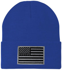 Made in USA - Black Grey American Flag Embroidered Patch Long Cuff Beanie