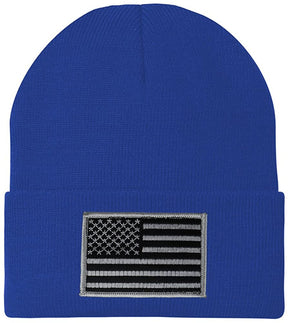 Made in USA - Black Grey American Flag Embroidered Patch Long Cuff Beanie