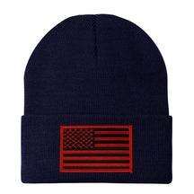 Made in USA - Black RED American Flag Embroidered Patch Long Cuff Beanie