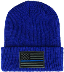 Armycrew Thin Blue Line American Flag Embroidered Patch Ribbed Cuffed Knit Beanie - Black