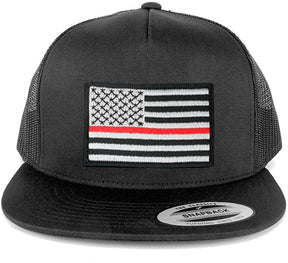 Flexfit 5 Panel American Flag Patched Snapback Mesh Charcoal Cap - Black Red Patch