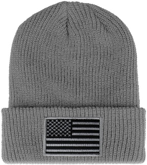 Armycrew Black Grey American Flag Embroidered Patch Ribbed Cuffed Knit Beanie - Black