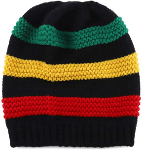 Armycrew Ribbed Knit Winter Rasta Jamaica Ponytail Deep Slouchy Beanie - Black Rasta