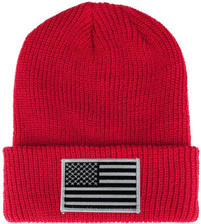 Armycrew Black White American Flag Embroidered Patch Ribbed Cuffed Knit Beanie - Black
