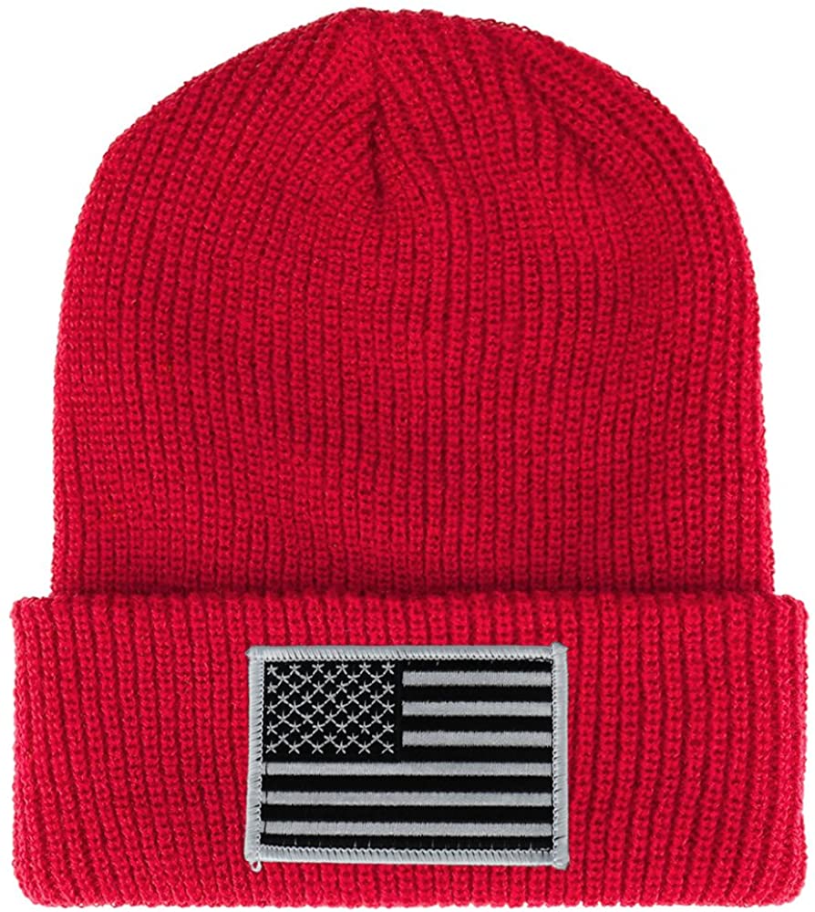 Armycrew Black White American Flag Embroidered Patch Ribbed Cuffed Knit Beanie - Black