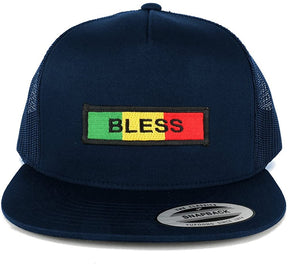 5 Panel Bless Green Yellow Red Embroidered Iron on Patch Flat Bill Mesh Snapback