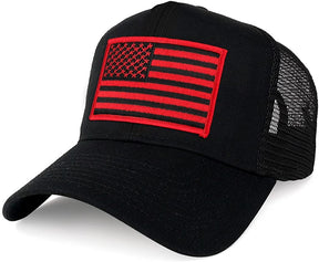 Armycrew XXL Oversize Black Red USA Flag Patch Mesh Back Trucker Baseball Cap - Black