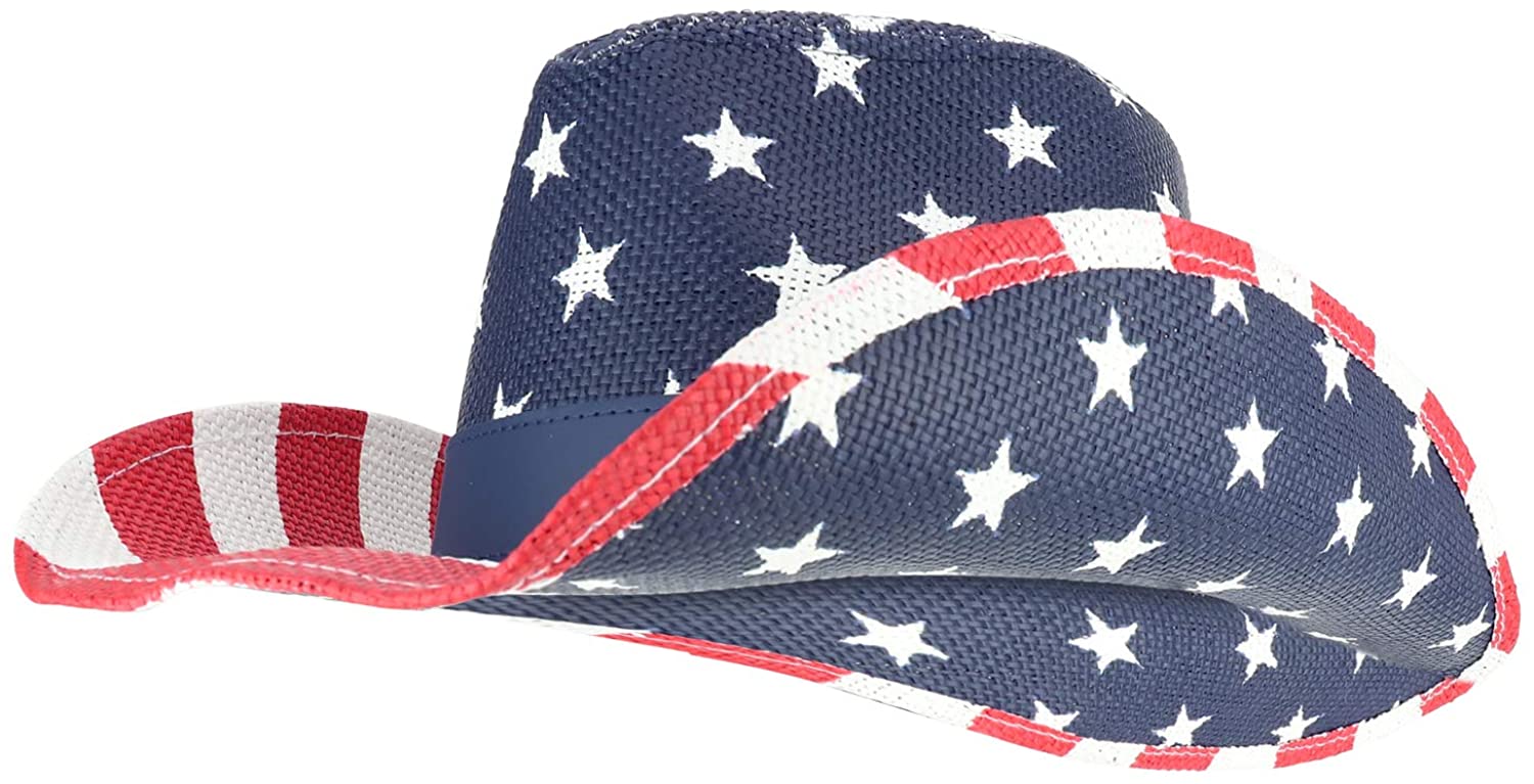 Armycrew USA Flag Patriotic Print Paper Straw Cowboy Hat with Leather Band