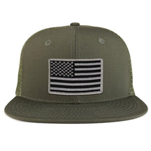 Black Grey American Flag Iron on Patch Flat Bill Ripstop Trucker Mesh Cap