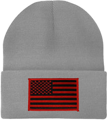 Made in USA - Black RED American Flag Embroidered Patch Long Cuff Beanie