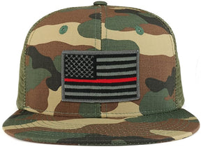 Thin Red American Flag Iron on Patch Flat Bill Ripstop Trucker Mesh Cap
