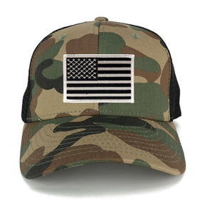 US American Flag Embroidered Iron on Patch Adjustable Camo Trucker Cap - WWB - Black Grey