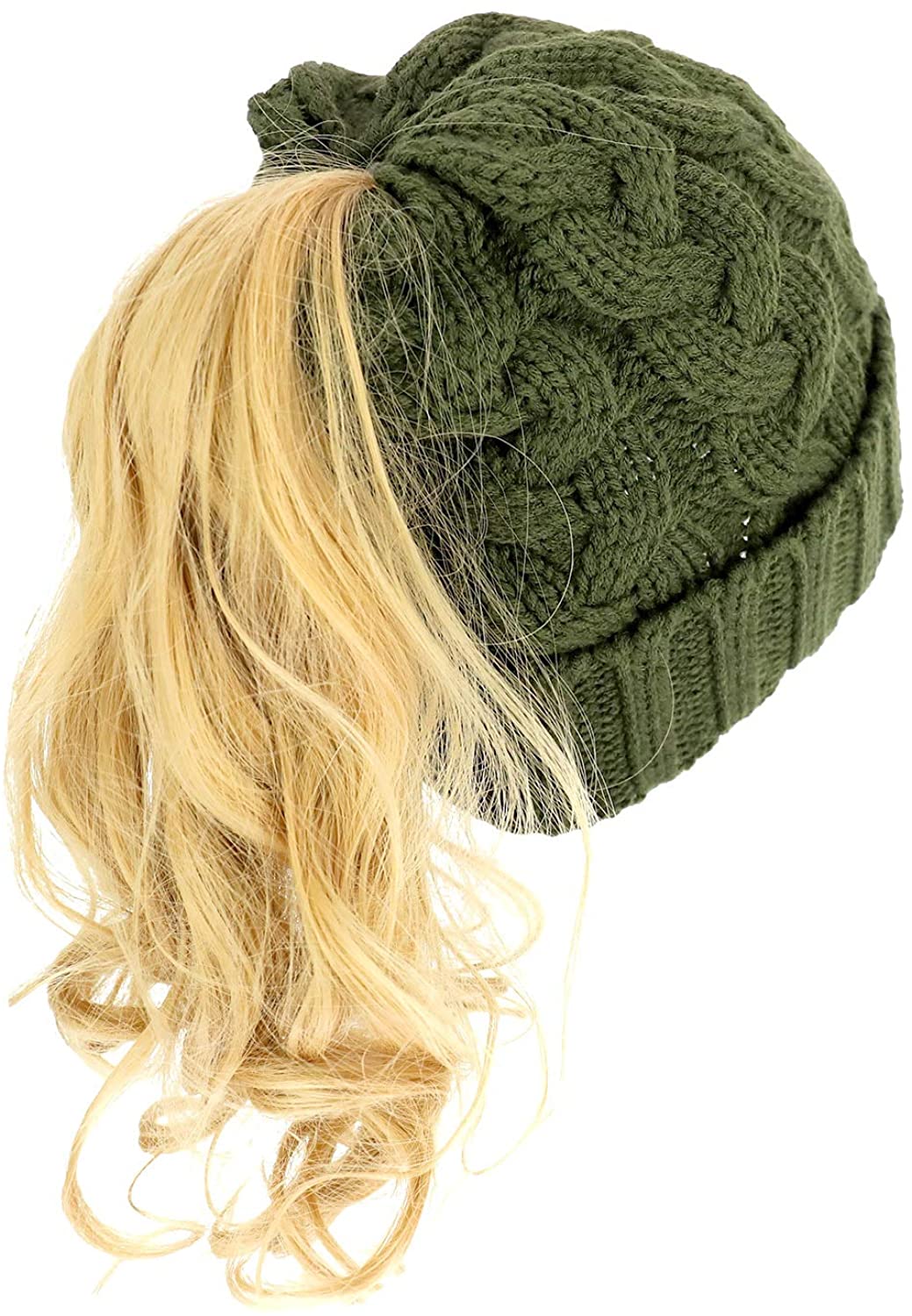 Armycrew Cable Knit Messy Bun Hair Winter Ponytail Beanie Cap
