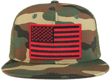 Black Red American Flag Iron on Patch Flat Bill Ripstop Trucker Mesh Cap