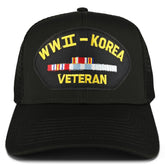 Armycrew WW2 to Korea Veteran Embroidered Patch Snapback Mesh Trucker Cap - Black