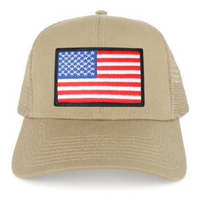 USA American Flag Embroidered Patch Snapback Mesh Trucker Cap - KHAKI