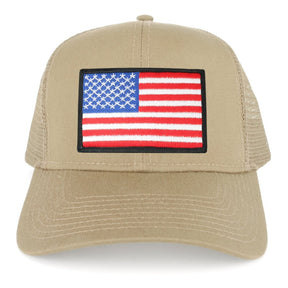 USA American Flag Embroidered Patch Snapback Mesh Trucker Cap - KHAKI