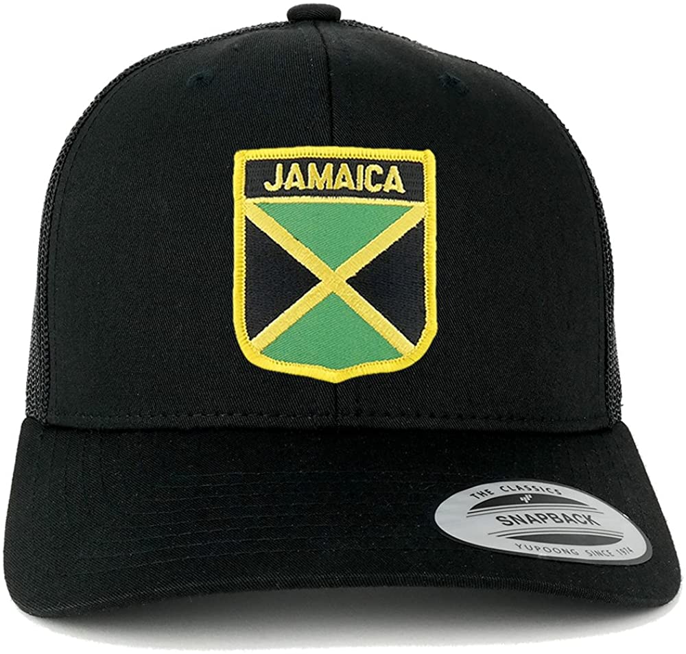 Flexfit Jamaica Flag Shield with Text Embroidered Patch Snapback Mesh Trucker Cap