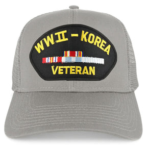 Armycrew WW2 to Korea Veteran Embroidered Patch Snapback Mesh Trucker Cap - Black