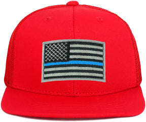 Armycrew Youth Kid's Thin Blue Line American Flag Patch Flat Bill Snapback Trucker Cap