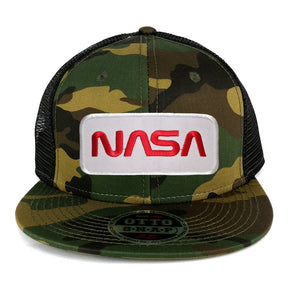 NASA Worm Red Text Embroidered Patch Snapback Camo Trucker Mesh Cap