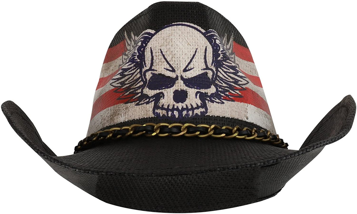Armycrew US Flag Skull Wing Toyo Western Cowgirl Cowboy Hat with Metal Chain