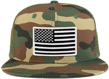 Black White American Flag Iron on Patch Flat Bill Ripstop Trucker Mesh Cap