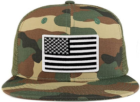Black White American Flag Iron on Patch Flat Bill Ripstop Trucker Mesh Cap
