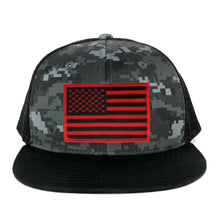 Armycrew US American Flag Embroidered Patch Adjustable Flat Bill Camo Trucker Cap - BNB - Black Grey
