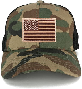 US American Flag Embroidered Iron on Patch Adjustable Camo Trucker Cap - WWB - Black Grey