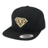 Flexfit Diamond Embroidered Flat Bill Snapback Cap - Black with Metallic Gold Thread