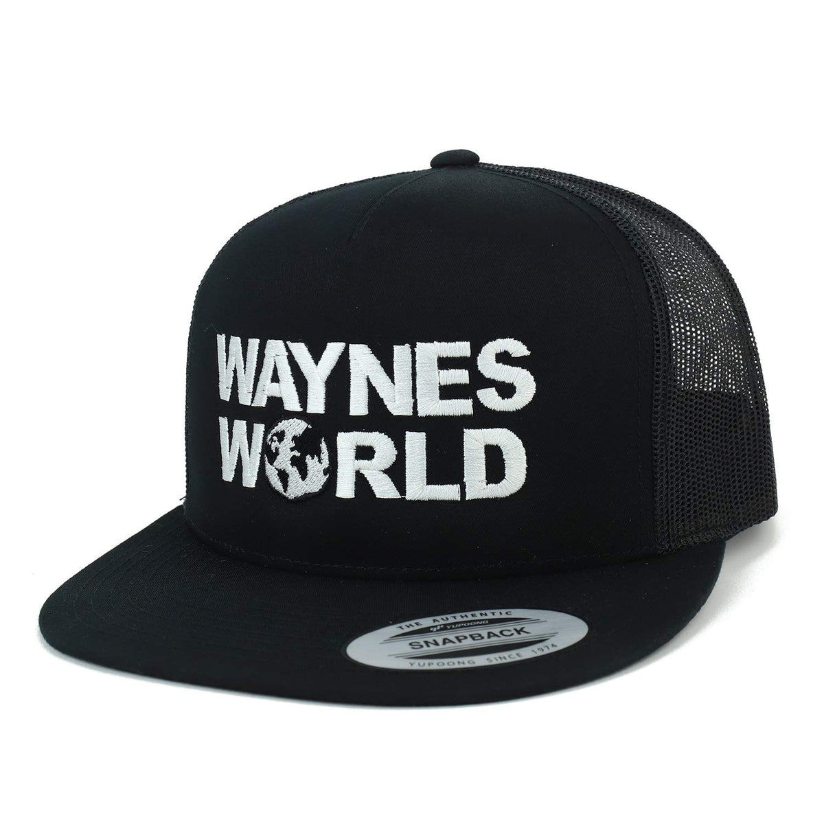 Wayne's World Embroidered Flatbill Trucker Cap - 5 Panel Mesh Back Snapback Hat - View #6