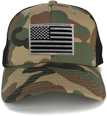 US American Flag Embroidered Iron on Patch Adjustable Camo Trucker Cap - WWB - Black Grey